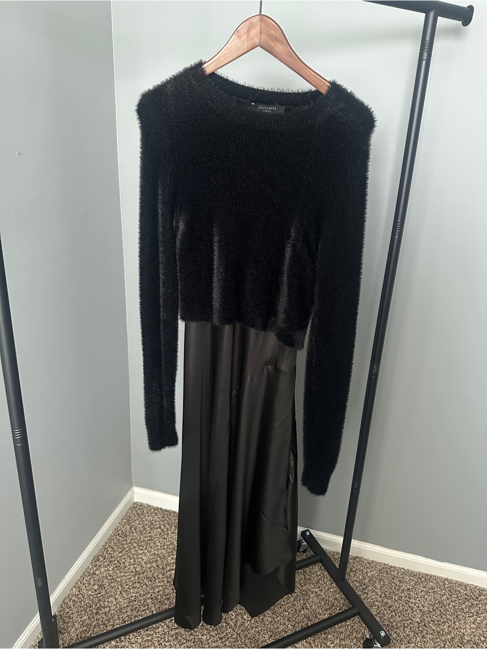 All Saints Black Textured Knit Top with Satin Black Dress underneath
